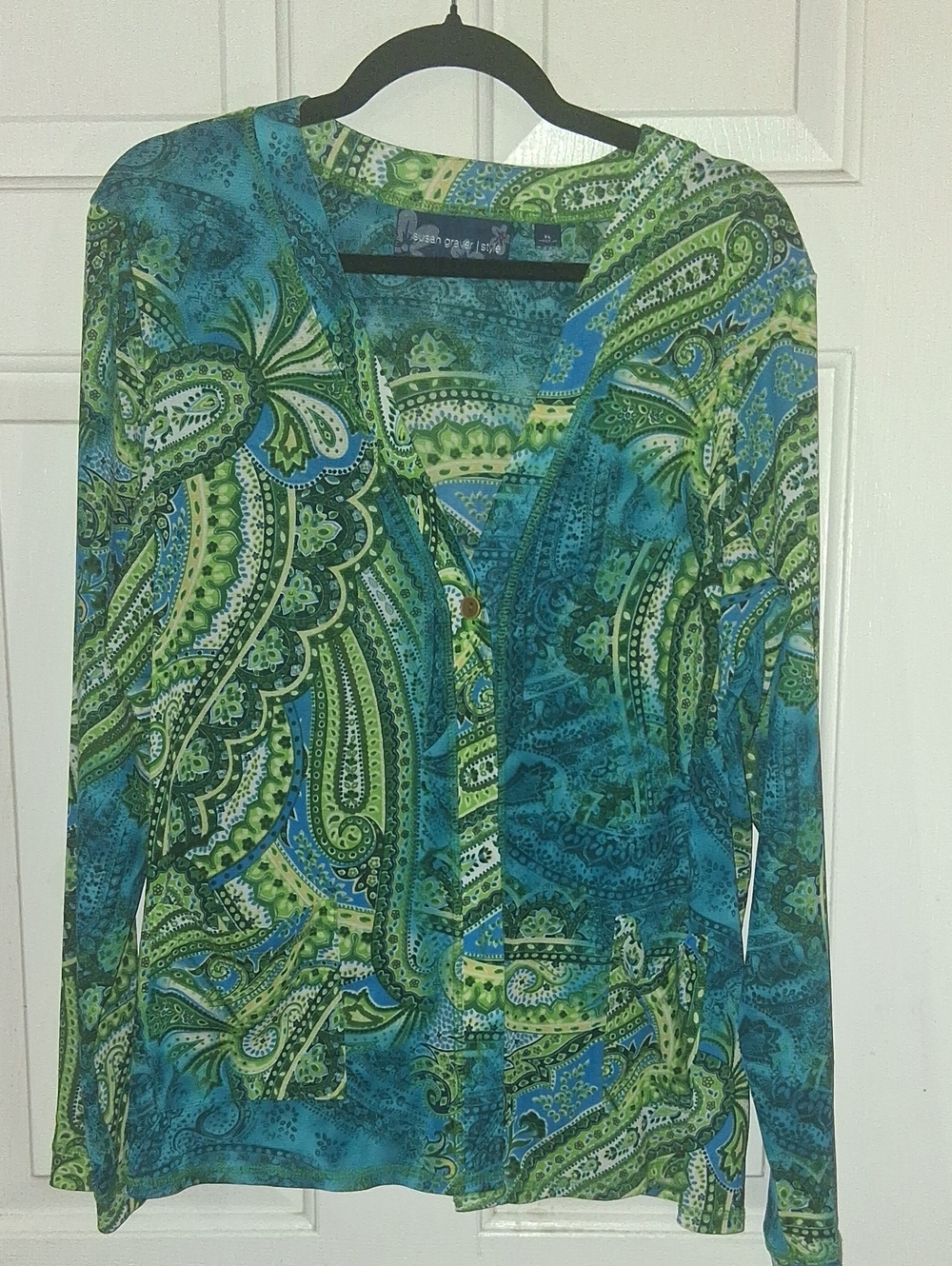 Susan Graver Green and Blue Paisley Button-Front V-Neck Top